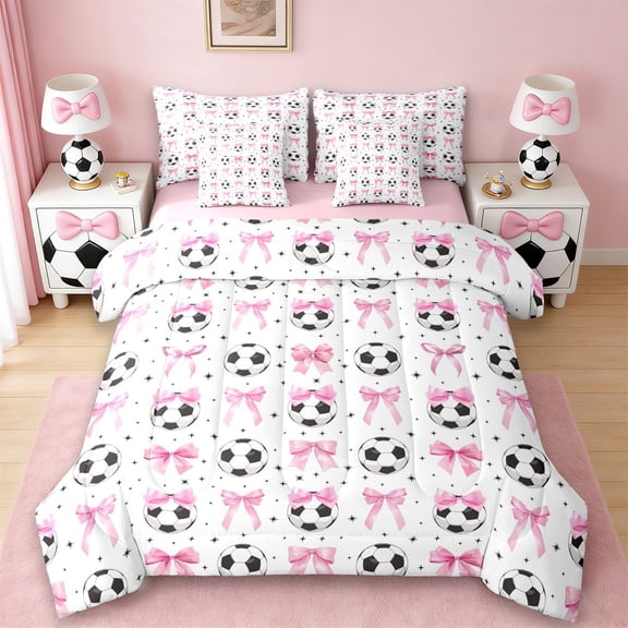 Erosebridal Cute Bow Knot 7-Piece Twin Bedding Sets For Girl,Football Sport Games Ball Theme Kids Bedding Comforter Set,Reversible Pink