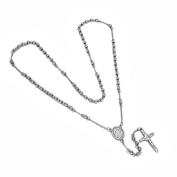 Mens Stainless Steel Rosary Necklace With Cruifix Accent