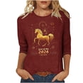 thumbnail image 2 of Uootdi Womens Tops 3/4 Sleeve Crewneck Year Of The Horse Print Festival Celebrations Family Dinners Tees Blouses Sweaters Gift, 2 of 5