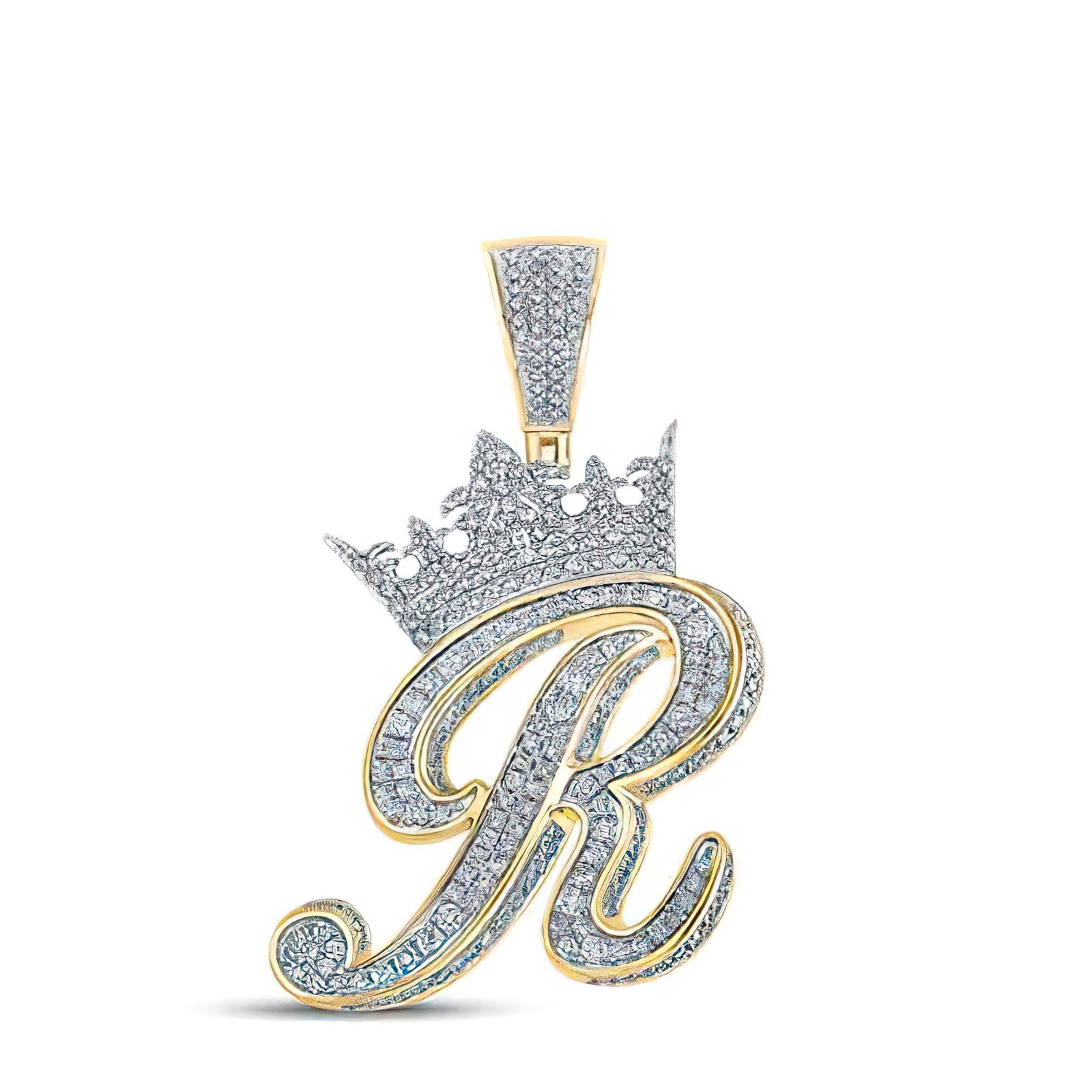 Pendant Necklace Majestic Crown Letter R 10K Yellow Solid Gold Real
