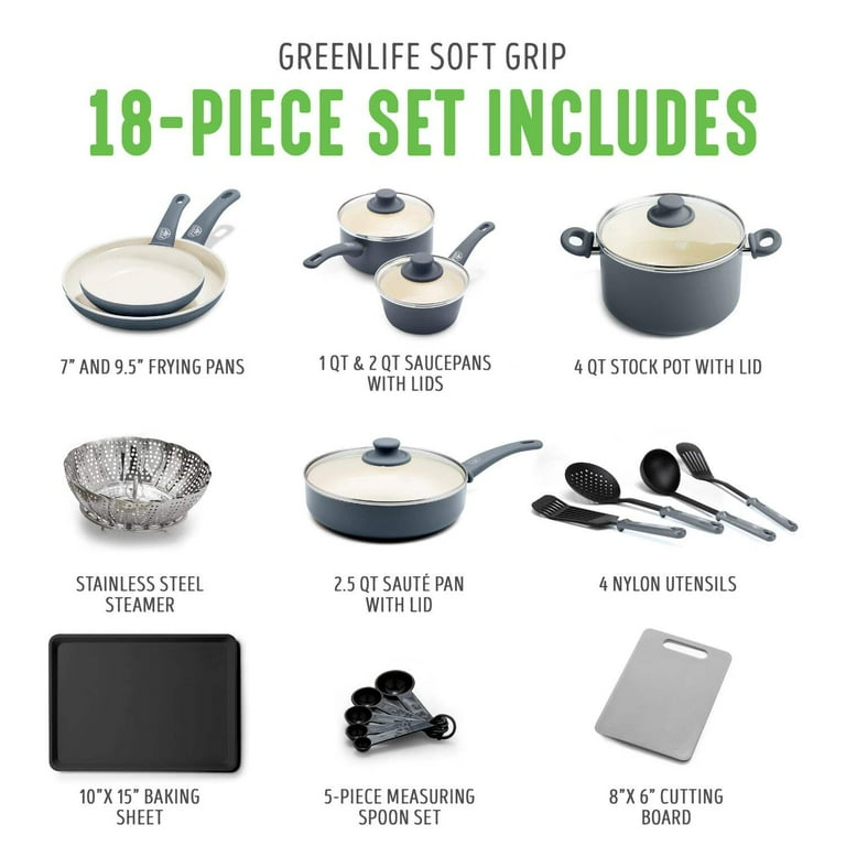 GreenLife 18-Piece Soft Grip Toxin-Free Healthy Ceramic Non-Stick