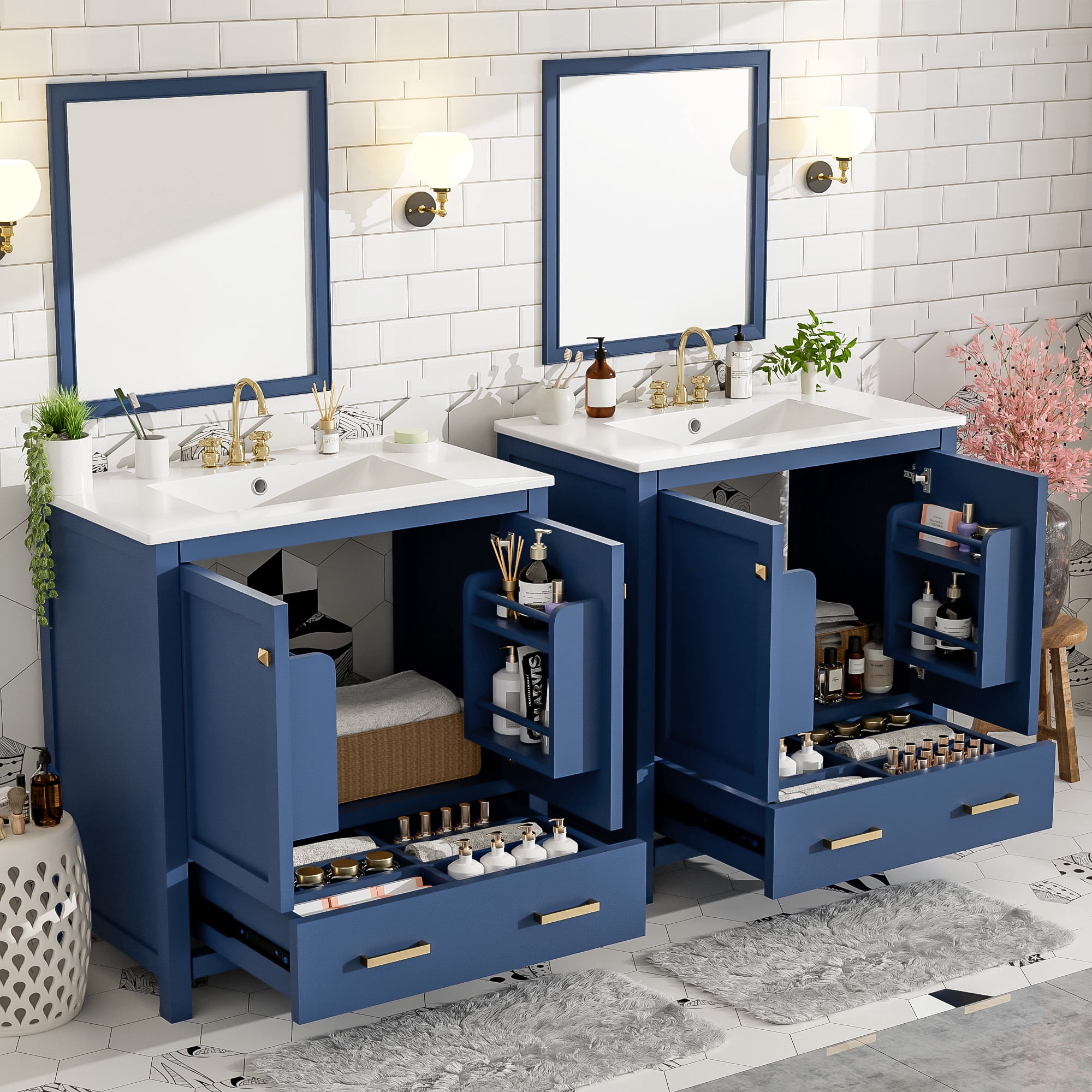 Euroco 60" Blue Bathroom Vanity Set with Double Vanities (Separate), Double Ceramic Sinks, Storage Shelf, and Divided Drawers (Mirror not included)– Modern Bathroom Solution for Spacious Bathrooms