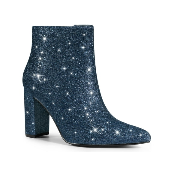 BLISSFUL STEP Women's Glitter Pointed Toe Chunky Heel Sparkly Booties Ankle Boots Navy Blue (Size 9)