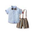 thumbnail image 2 of Wassery Toddler Boys Gentleman Suit Kid Boys Bow Tie Short Sleeve Shirt with Striped Overall Shorts 4T 5T 6T 7T Little Boys Summer Clothes Set, 2 of 9
