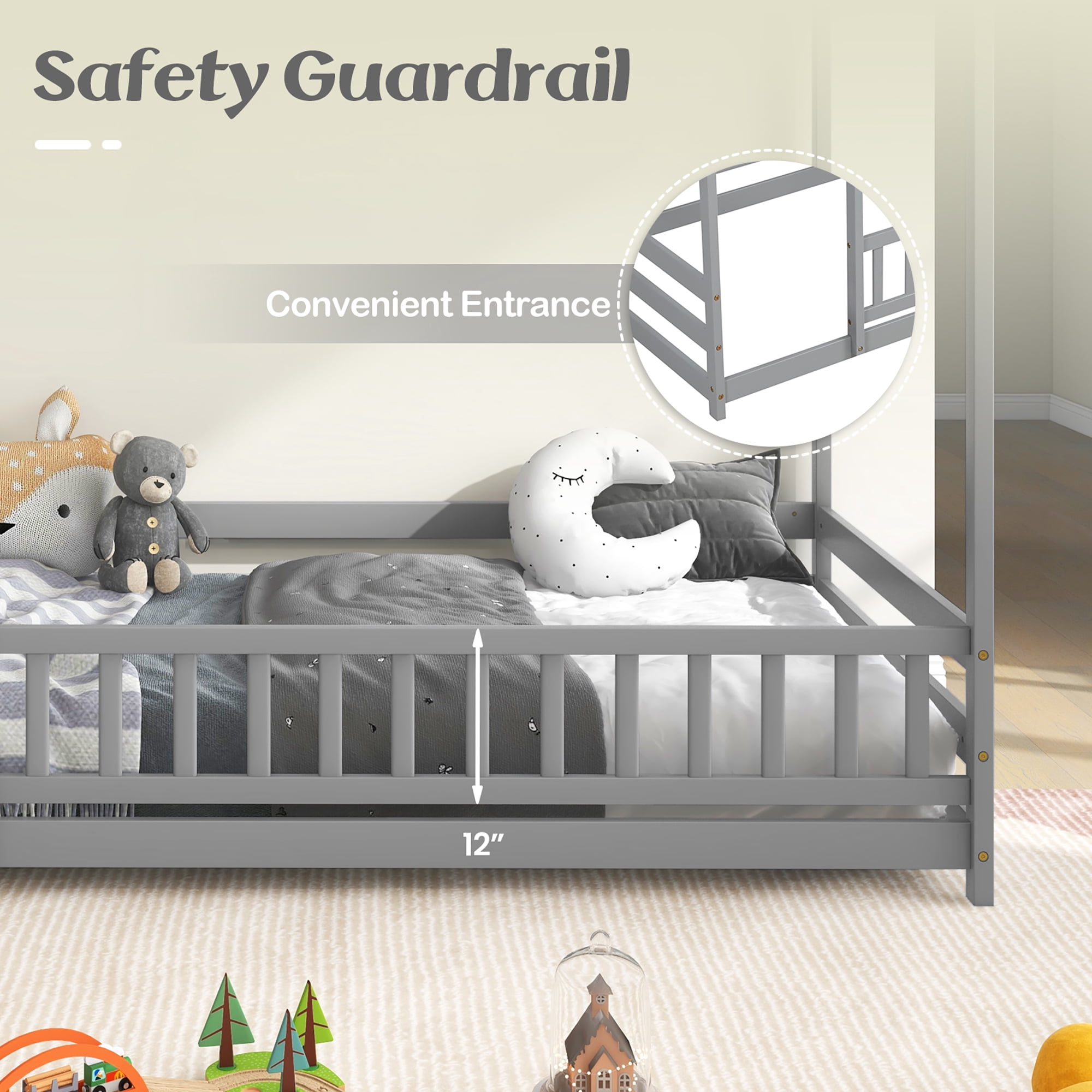Gymax Twin Size House Bed w/ Roof & Full-length Safety Guardrail Playhouse Bed Frame Grey