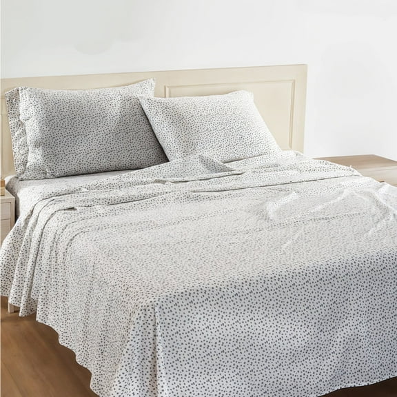 Casa Platino Queen Sheets Set – 100% Cotton Sheets,Naturally Cool Percale Weave, Smooth Luxury Comfort, Easy to Wash, 15” Deep Pocket – White Grey Dot