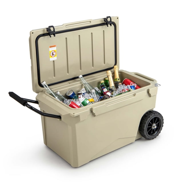 Costwasy Glacière Portative 75 Qt Rotoro Coffre à Glace Moulé Isolé 5-7 Jours avec Roues Poignée Beige