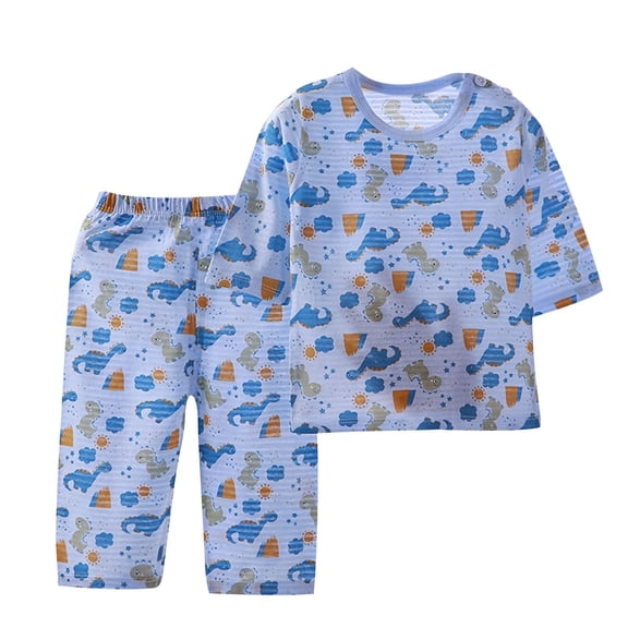 Lovzfmll Dino Print Cotton Pajama Set for Boys, Long Sleeve Round Neck Top & Loose Pants, Summer Sleepwear Outfits for Infant 1-2 Years