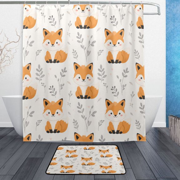 TTYFWHD 60" x 72" Shower Curtain and Bath Mat Set Woodland Fox Floral Pattern Waterproof Bathroom Curtain with 12 Hooks, Bathroom Decor Set