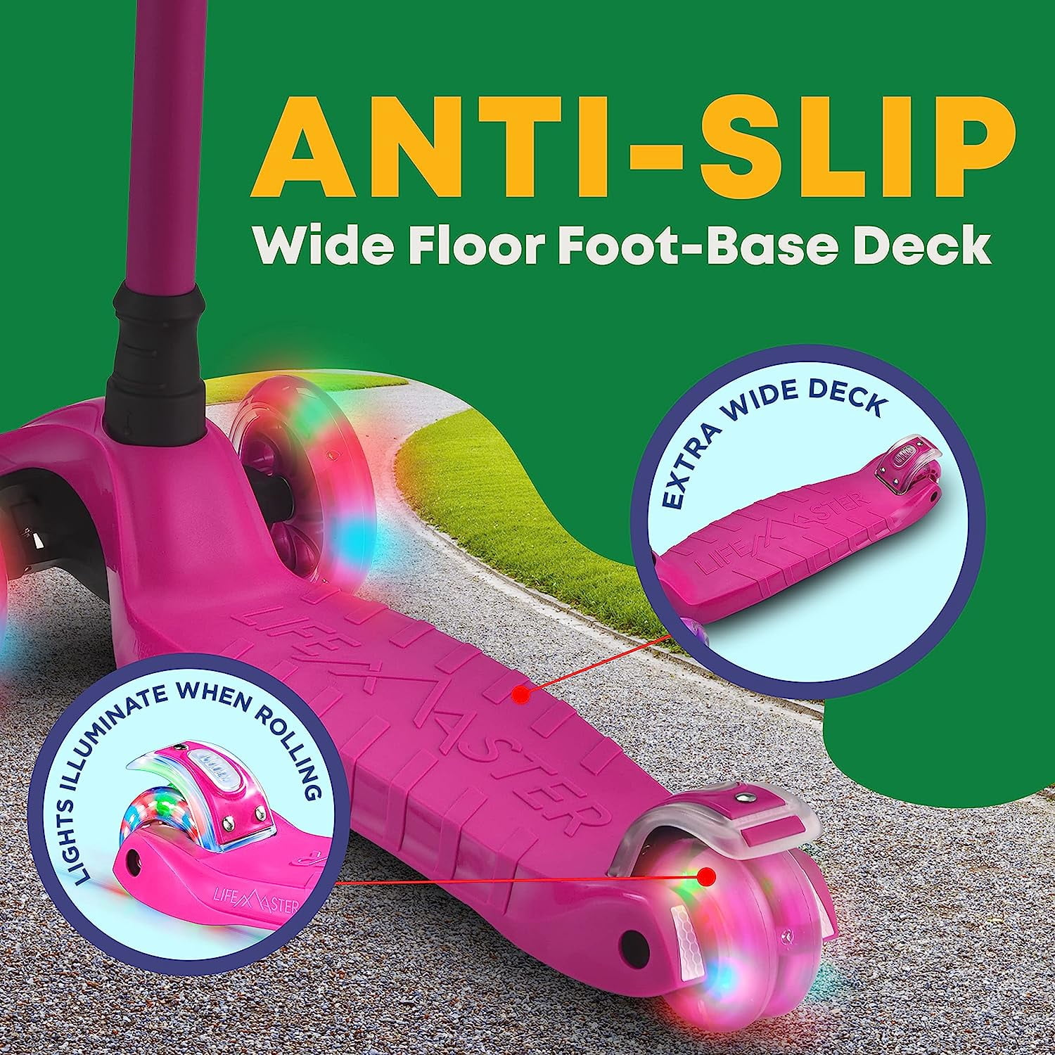 Lifemaster Mini 3-Wheel Kids Scooter with Multi-Color Wheel Lights – 4-Height Adjustable Handlebar, Wide Anti-Slip Deck, Child Safety Certified, Boys & Girls Ages 2+ Supports Up to 110 lbs
