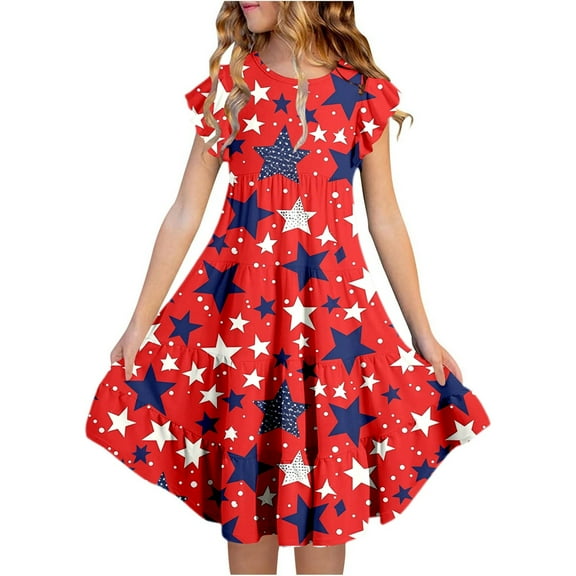 Summer Dresses for Tween 4th of July Outfit Girl Red White & Blue Casual Style 12-13 Years Dresses for Girls Patriotic Outfits