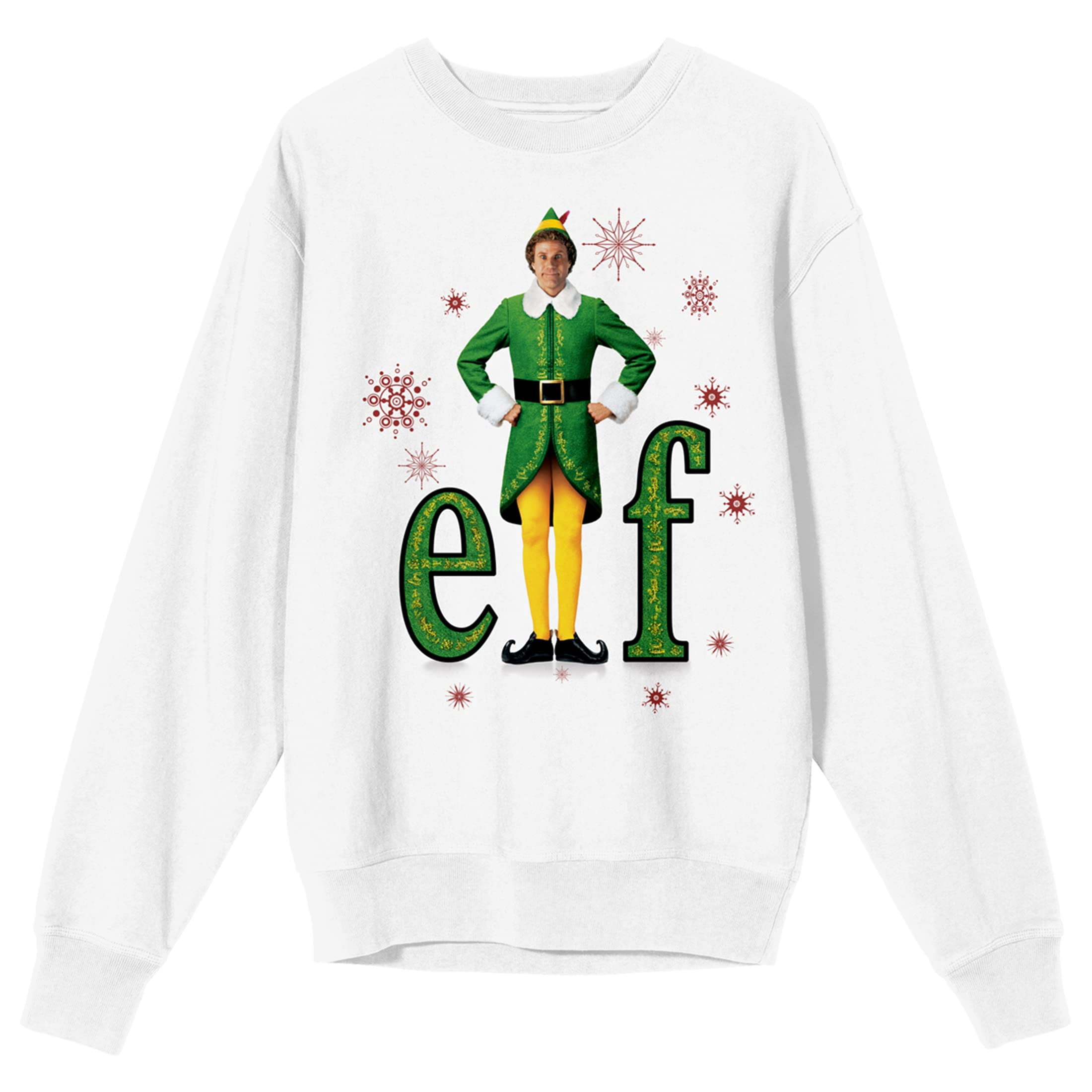 Elf Movie Title Logo and Poster Art Women's White Crew Neck Sweatshirt-Large