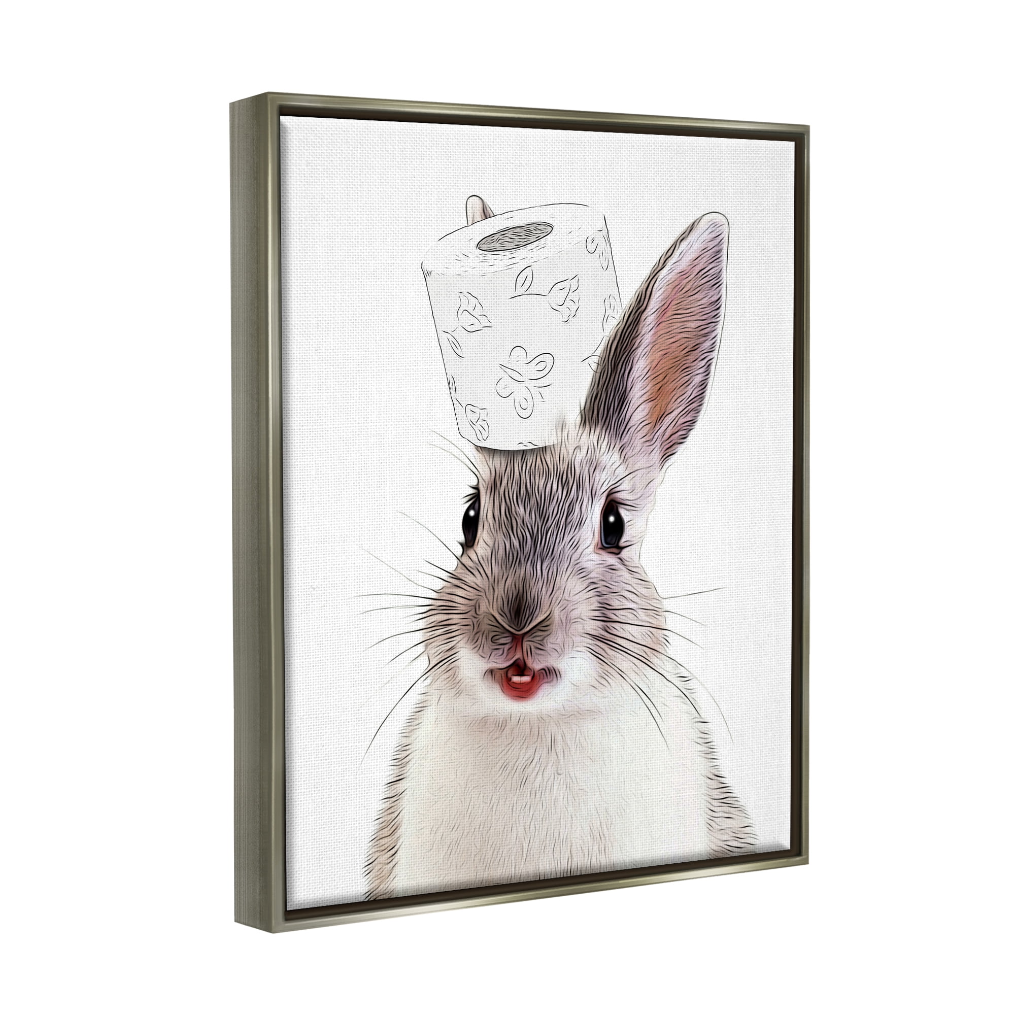 Stupell Industries Rabbit Balancing Toilet Paper Animals & Insects Painting Gray Floater Framed Art Print Wall Art