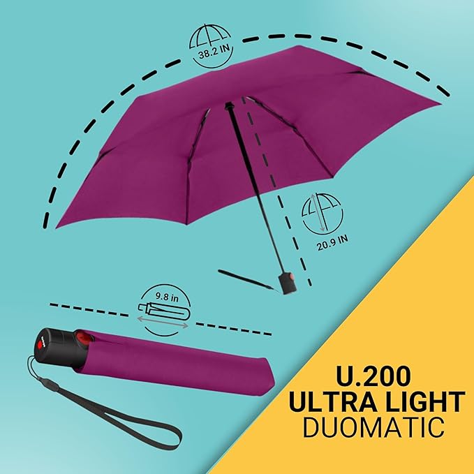 Knirps U.200 Ultra Light Automatic Rain Umbrella in Berry – One-Touch Auto Open/Close, Wind-Tunnel Tested, 37in Canopy, Aluminum Fiberglass Frame, Pocket-Size Travel Umbrellas, Cover Included