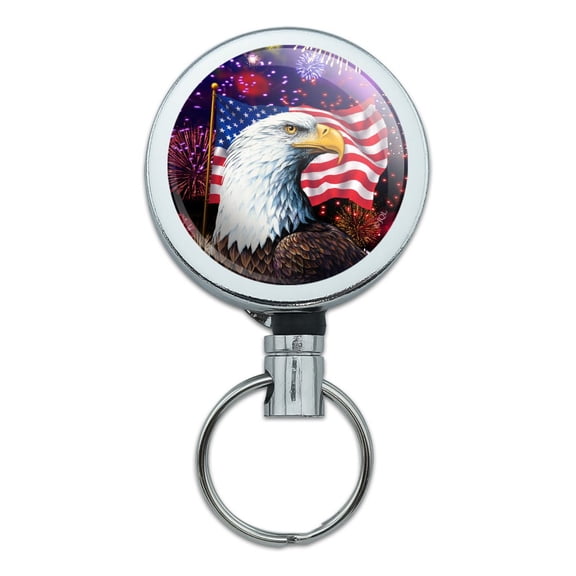 Eagle Patriotic 4th of July Celebration American Flag Fireworks Heavy Duty Metal Retractable Reel ID Badge Key Card Tag Holder with Belt Clip