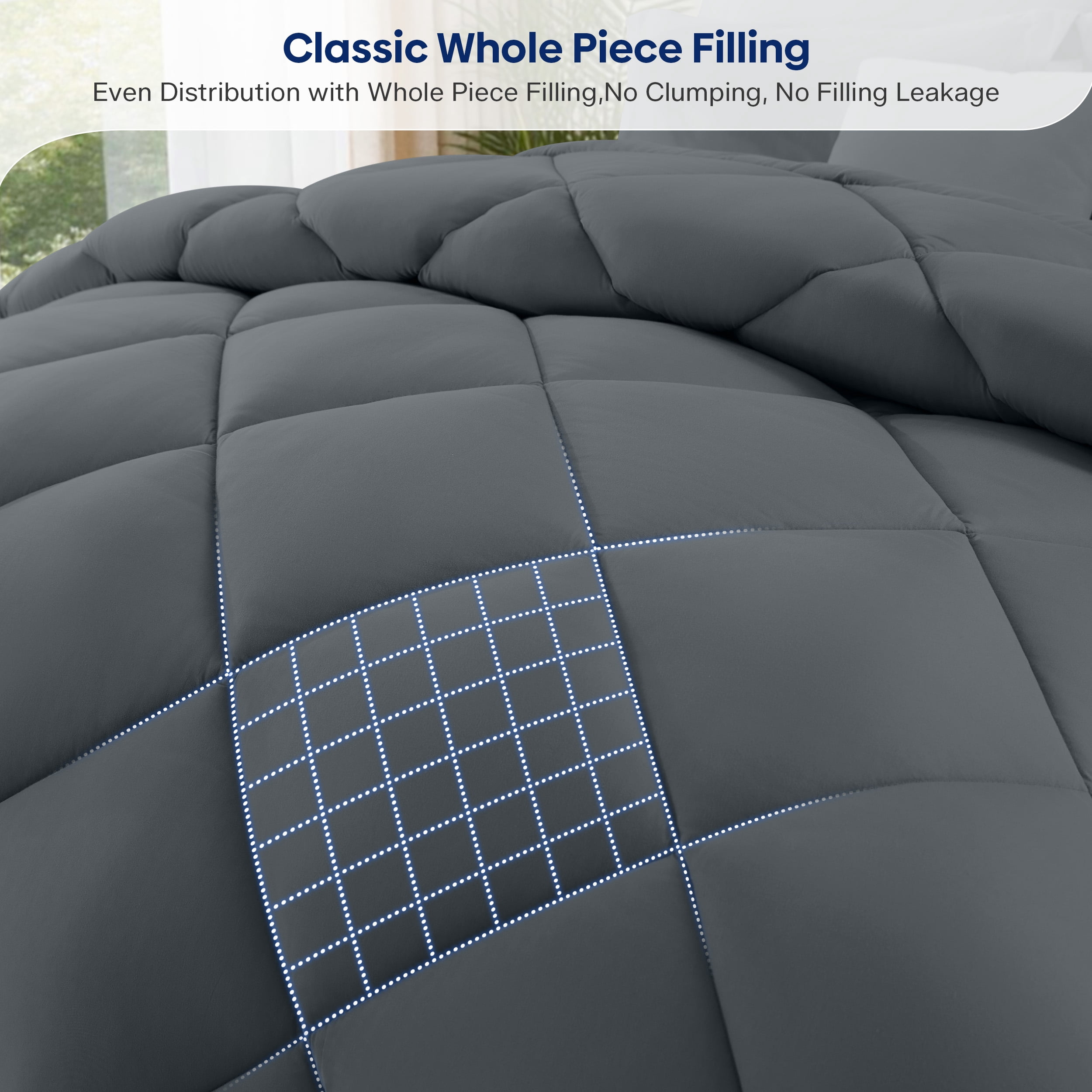 WISHEAD Comforter Queen Size All Season Soft Quilted Down Alternative Bedding Duvet Insert with Corner Tabs, Machine Washable, Dark Grey