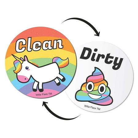Emoji And Unicorn Clean Dirty Dishwasher Magnet Sign | Kitchen Label For Home Organization | Funny Novelty Gag Gifts Under 10 Dollars | Double Sided | 2