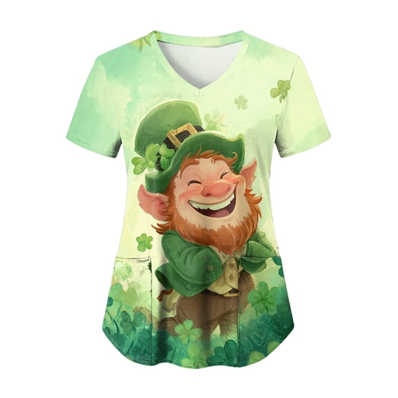 felwors Womens Scrubs Plus Size St Patricks Day Shirts Shamrock Printed V Neck Short Sleeve Nursing Tops Pocket Nurse Uniform (Light Green, XL)