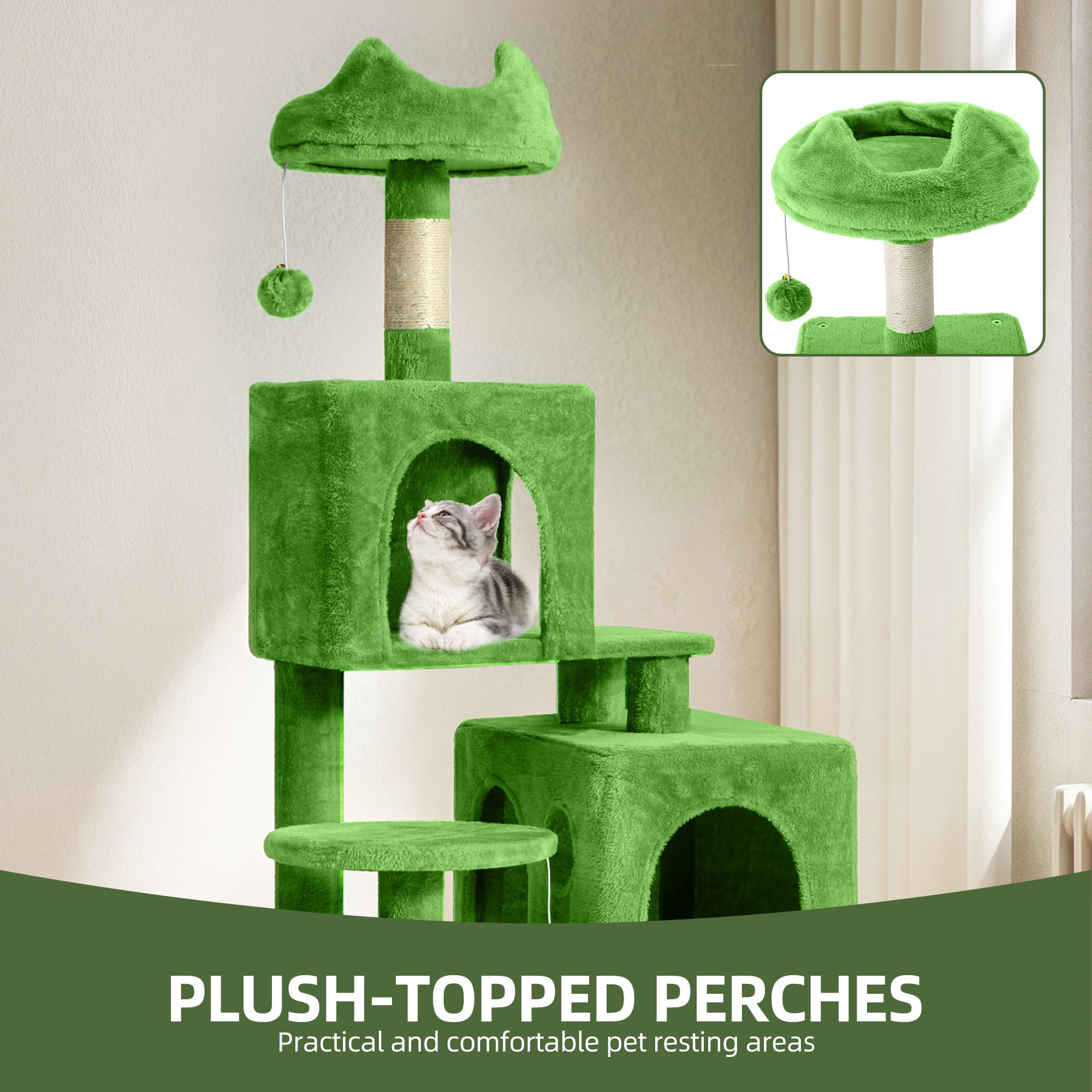Uforic Cat Tree Tower 54" Multi-Level Cat Condo with  Scratching Posts&Hammock, for indoor Small Cats, Green