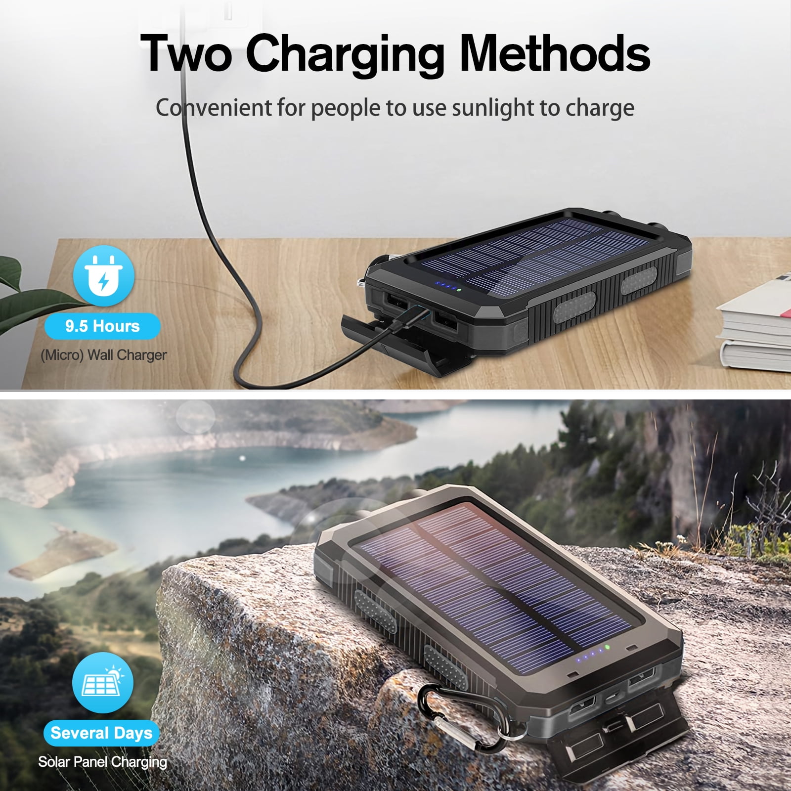 BAOKALER 30000mAh Solar Charger for Cell Phone iPhone, Portable Solar Power Bank with Dual 5V USB Ports, 2 Led Light Flashlight, Compass Battery Pack for Outdoor Camping Hiking(Black)