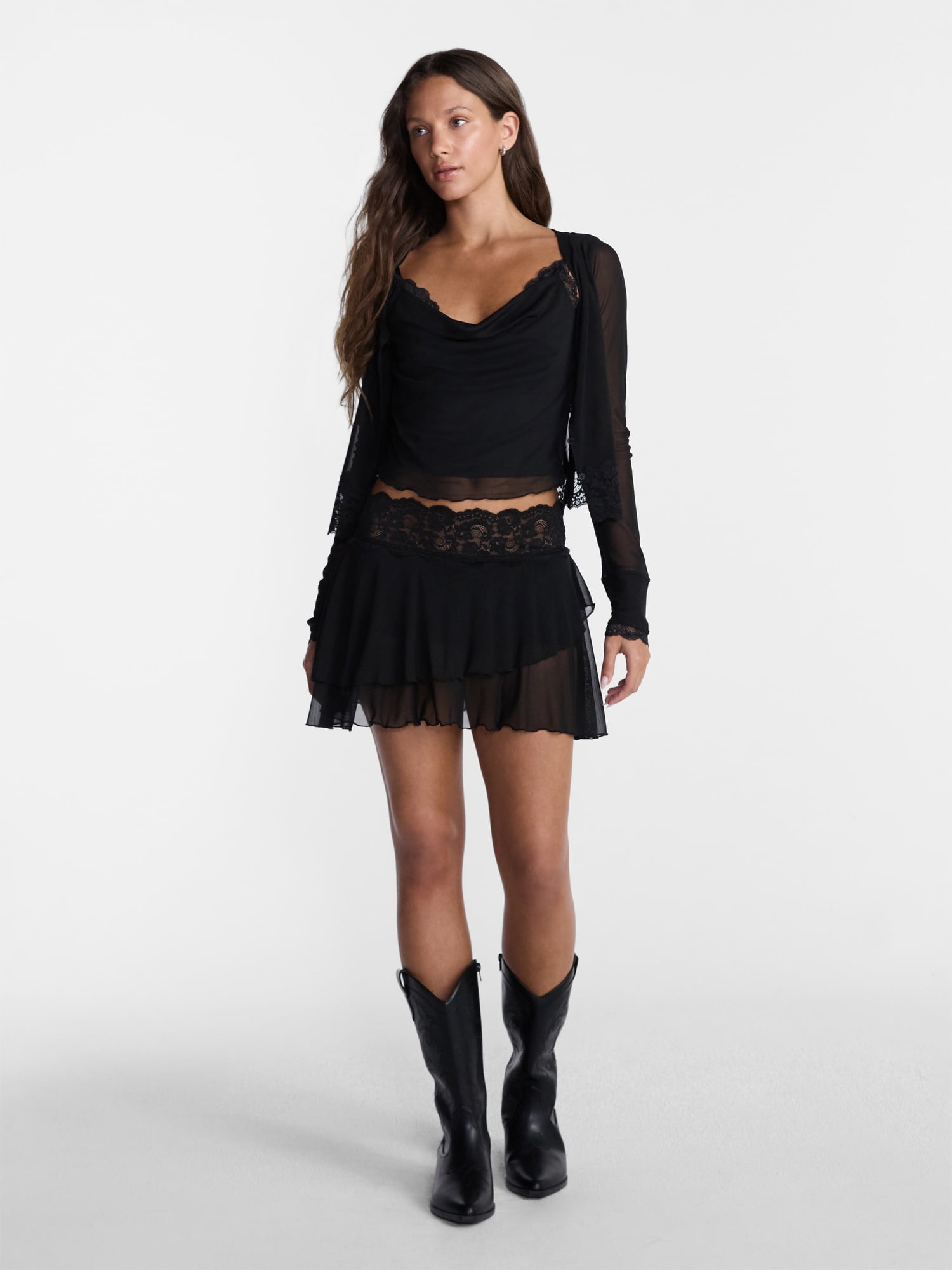 No Boundaries Lace Trim Mesh Mini Skort, Women’s XXS-XXL