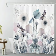 HVEST Watercolor Flower Shower Curtain,Abstract Black Pink Flowers and Dragonfly on White Background Bathroom Shower Curtain Modern Aesthetics Polyester Fabric Decor Curtain with Hooks, 60X72 inch