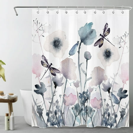 HVEST Watercolor Flower Shower Curtain,Abstract Black Pink Flowers and Dragonfly on White Background Bathroom Shower Curtain Modern Aesthetics Polyester Fabric Decor Curtain with Hooks, 60X72 inch