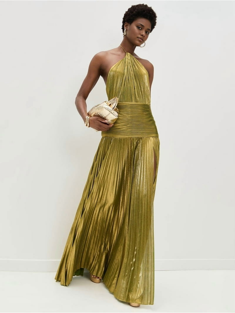 metallic pleated maxi dress Elsie Metallic Pleated Belted Maxi Dress