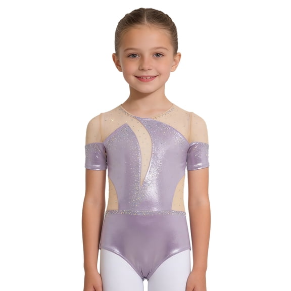 Doomiva Kids Girls Sparkly Rhinestone Short Sleeve Gymnastics Leotard Skating Jumpsuit Tumbling Bodysuit Biketard Light Purple 14