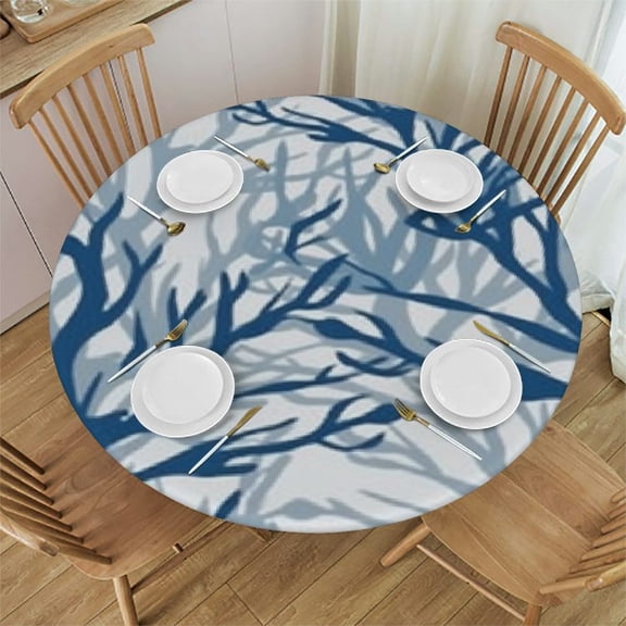 Round Fitted Tablecloth, Summer Coral Marine Ombre Navy Blue Grey White Waterproof Table Cloth Table Cover with Elastic Edged for Outdoor Picnic Parties,
