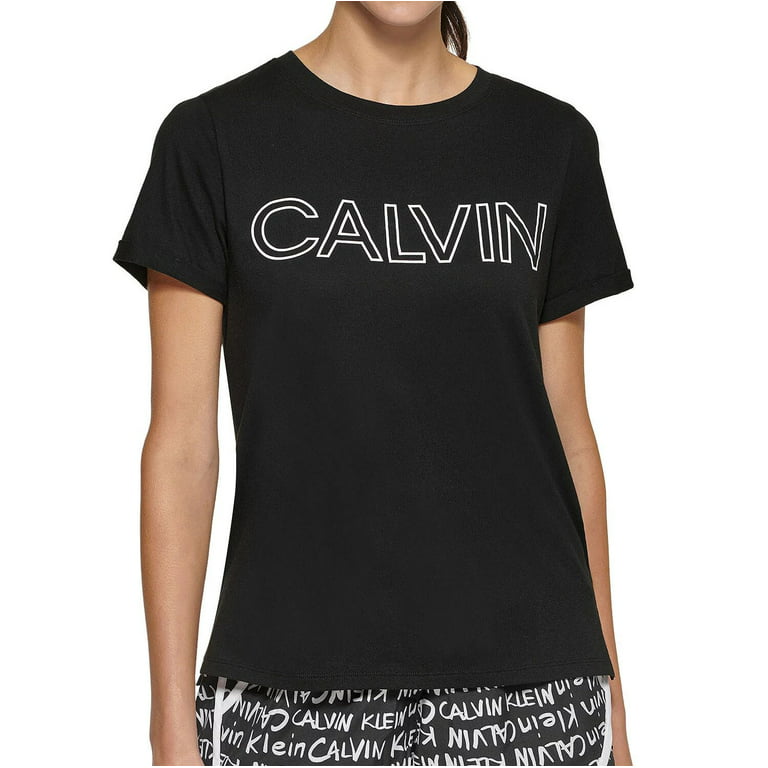 Calvin Klein Women's Soft Crew Neck Rolled Sleeve Graphic Logo T-shirt  (Black/White, S)