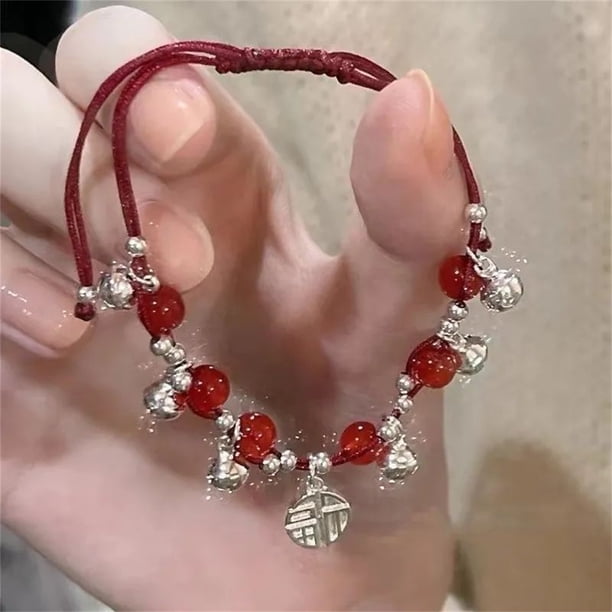 Pulseras para mujer, regalos para mujer, pulsera de campanas de cuerda roja doble tejida a mano con tarjeta Fus de estilo chino, pulsera de regalo.