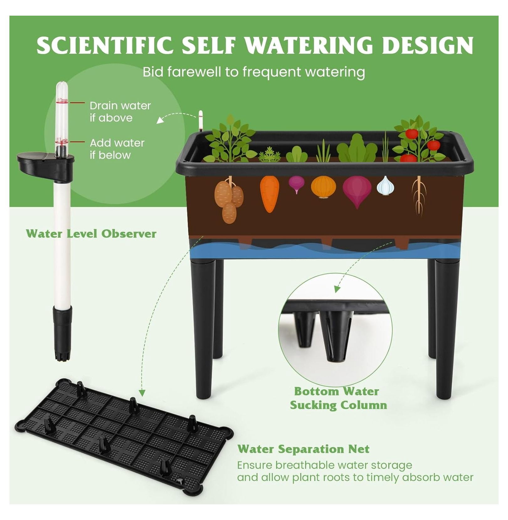 Raised Garden Bed with Trellis, 4 in 1 Self-Watering Planter w/Water Level Observer, Drainage Holes, Climbing Net & Detachable Legs, Garden Cucumber Planter for Vegetables Flowers