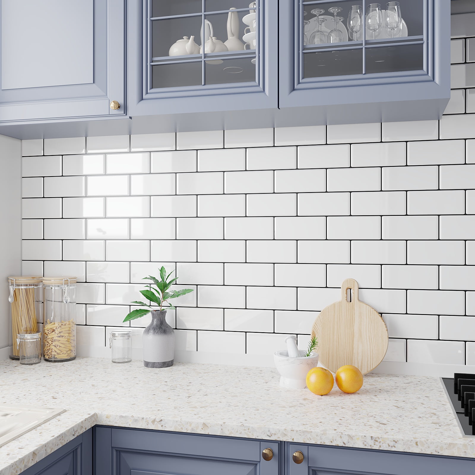 VEELIKE 6 Sheets White Subway Tiles Peel and Stick Backsplash Tiles for Kitchen Bathroom 12"x12" Waterproof Vinyl Wall Tiles Self Adhesive Wall Sticker Tile Faux White Brick Wall Panels