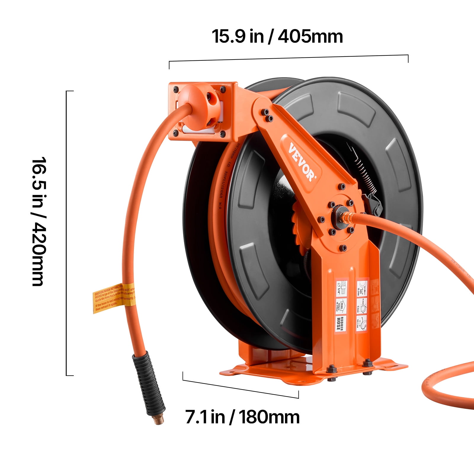 VEVOR Retractable Air Hose Reel, 3/8 Inch x 50 FT Rubber Air Hose Max 300PSI, Auto Rewind Air-Compressor Hoses Reel with 5 ft Lead in, Ceiling/Wall Mount Heavy Duty Steel Double Arm