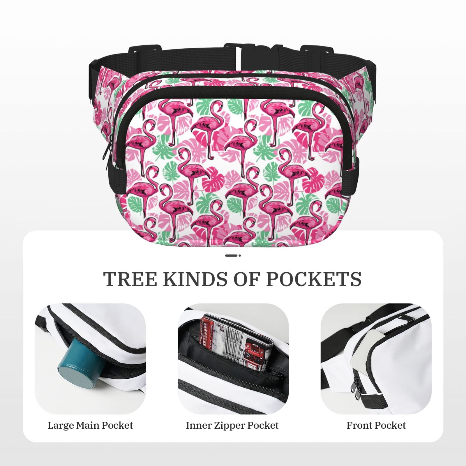 Picia Flamingo Print Square Double-Layer Waist Bag Mini Adjustable Waist Belt Bag Exercise Running Travel Hiking