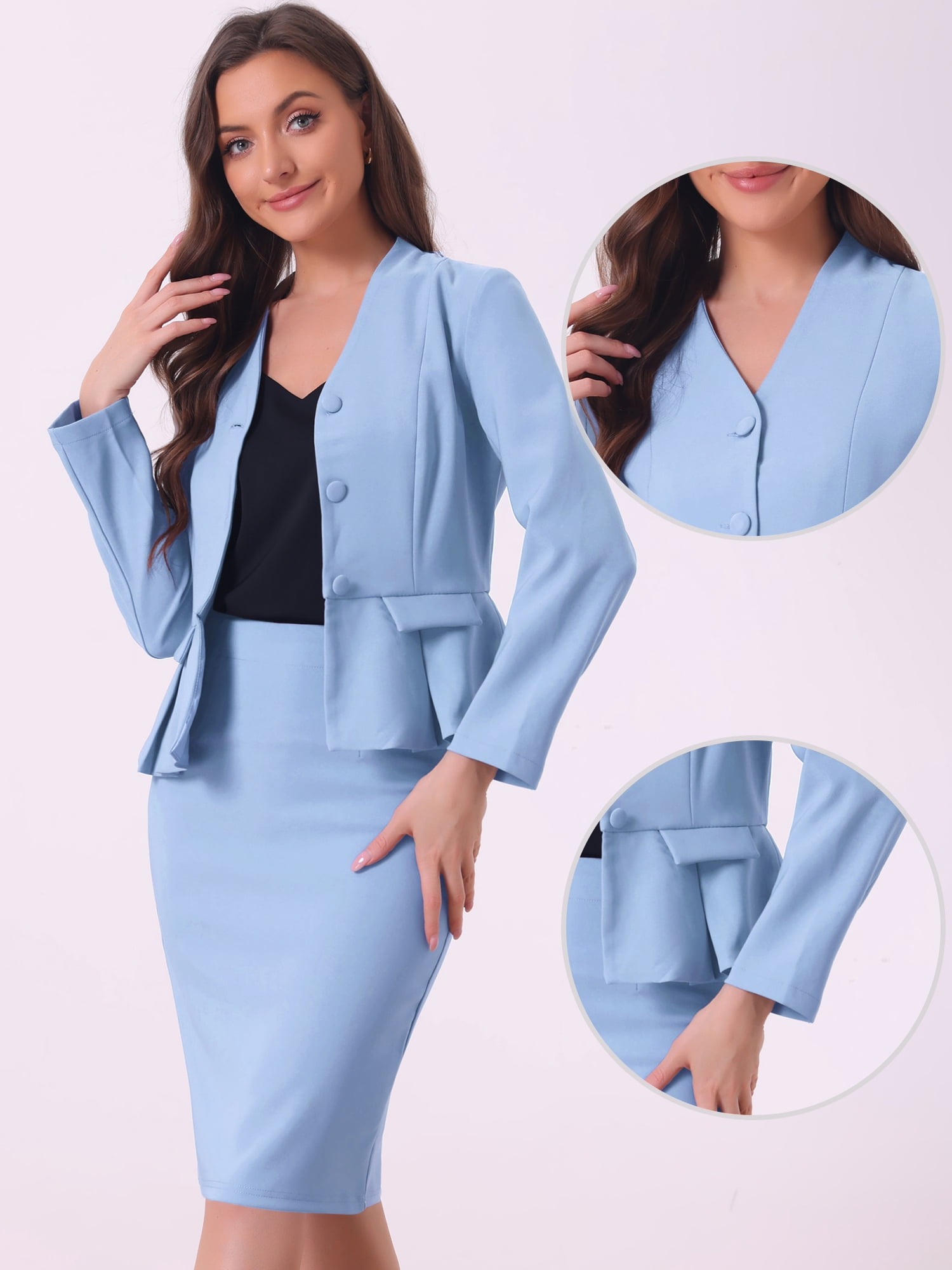DARING DIVA Women's Collarless Peplum Blazer Sheath Skirts 2 Pcs Suit Set XS Light Blue