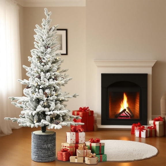 4.5FT Artificial White Christmas Tree, Flocked Christmas Tree, 150 Warm White LED Lights, 19 Pine Cones, With Pot Base - Artificial Cedar Tree