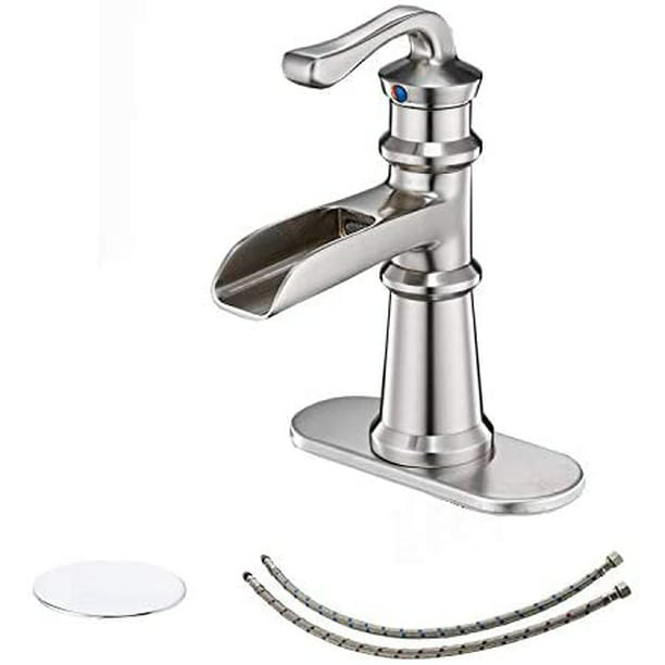 BWE Bathroom Sink Faucet Brushed Nickel with Drain Assembly with Overflow  and Supply Line Waterfall Faucets Single Handle Single Hole Lead-Free Lavatory  Mixer Tap Deck Mount - Walmart.com