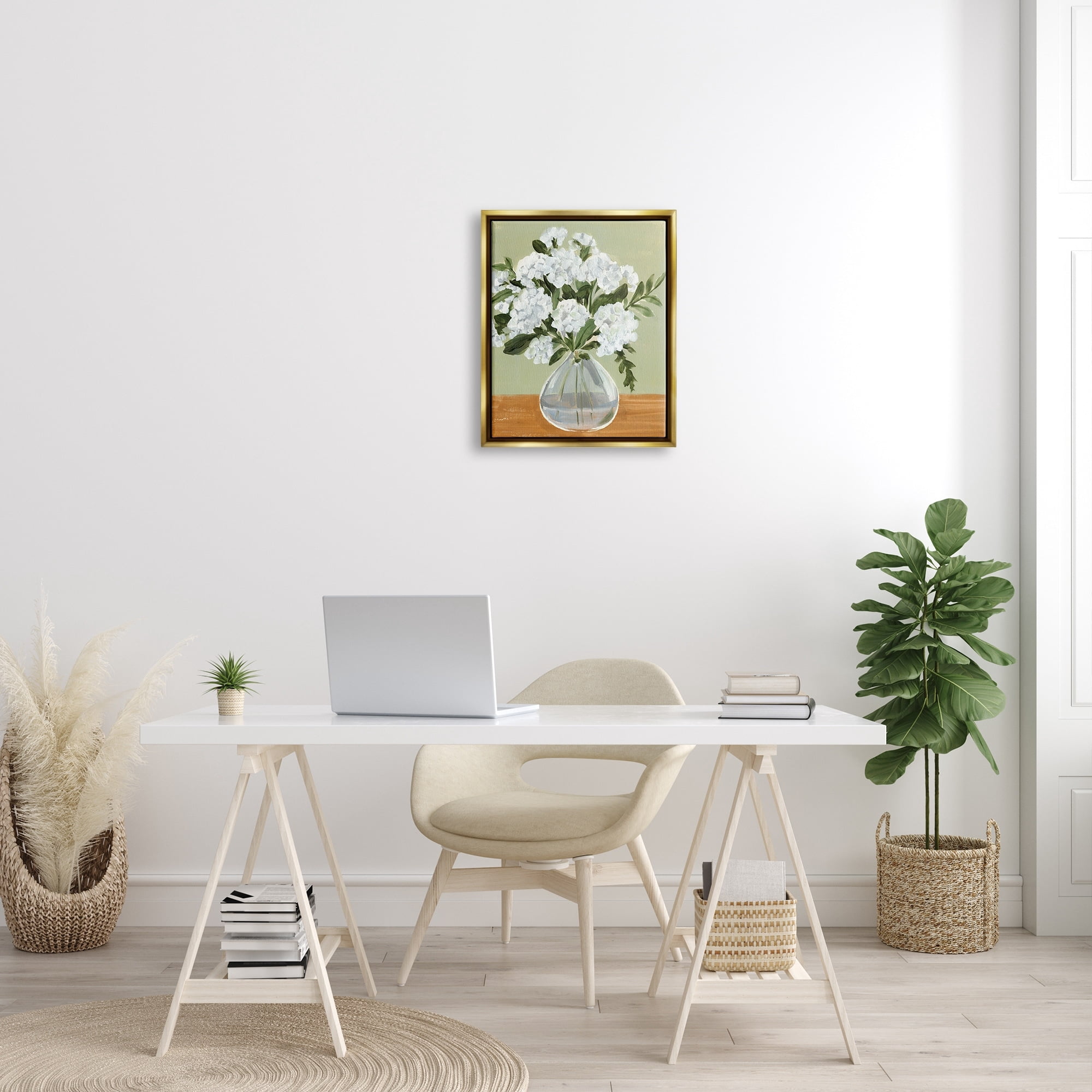 Stupell Industries White Hydrangea Flower Bouquet Vase Still Life Painting Metallic Gold Floating Framed Canvas Print Wall Art, Design by Annie Warren