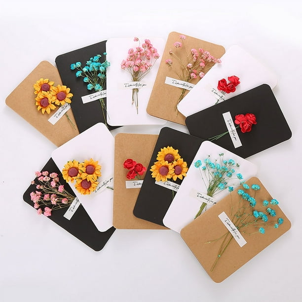Tarjeta de felicitación con flores secas, tarjeta pequeña en blanco retro, tarjeta de felicitación de agradecimiento de Navidad, tarjeta de felicitación de cumpleaños creativa de bricolaje