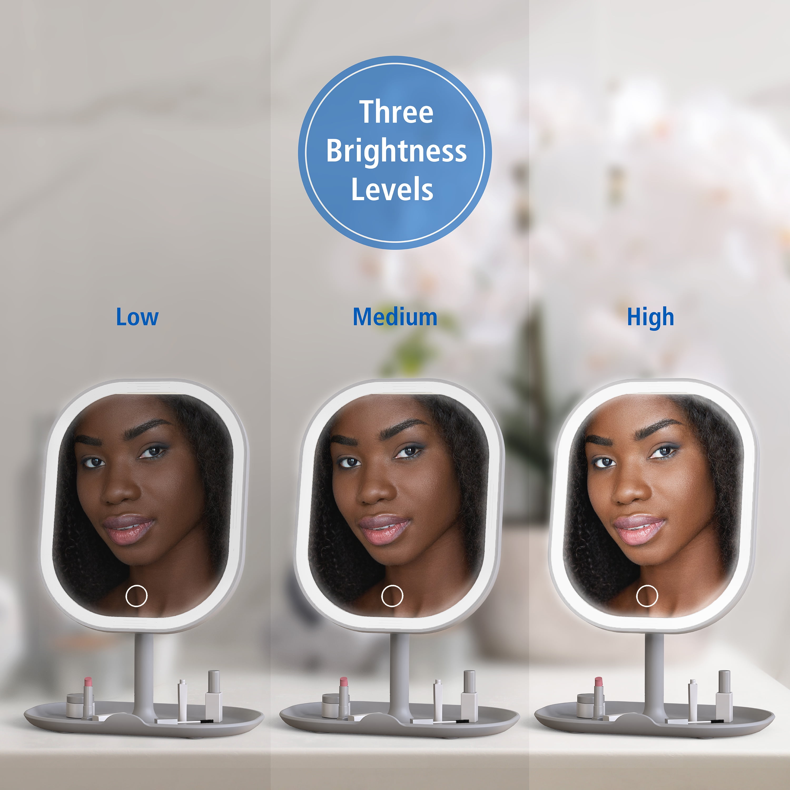 Mainstays Rechargeable LED Vanity Mirror with Storage Tray Base, Silver