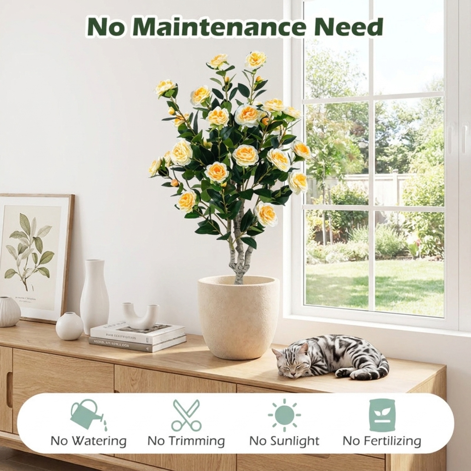 Vebreda Artificial Plant Decor, 39.5" Artificial Camellia Tree with Orange Blossoms in Cement Pot for Home Decoration, Selected Materials