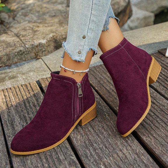 OKBOP Women's Flat Boots Round Toe Zip-Up Foam Cushioning Flatform Sole Wine Stylish Women's Boots Sizes 40
