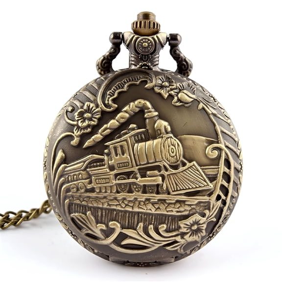 DESIGNICE Pocket Watch, Unisex Antique Case Vintage Brass Rib Chain Train Pattern Quartz Pocket Watch