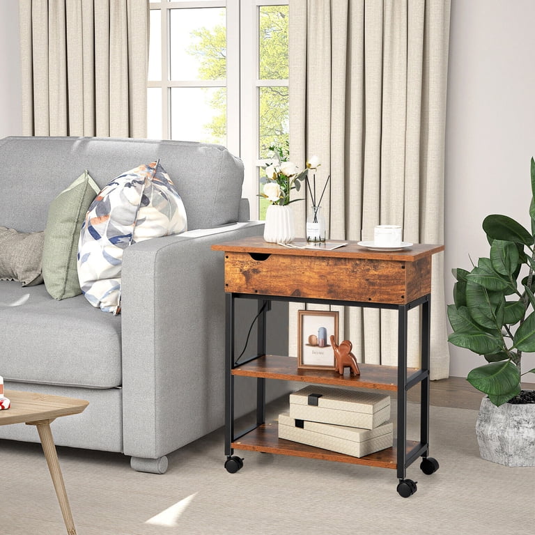Gymax Lift Top End Table with Charging Station, Storage Shelves
