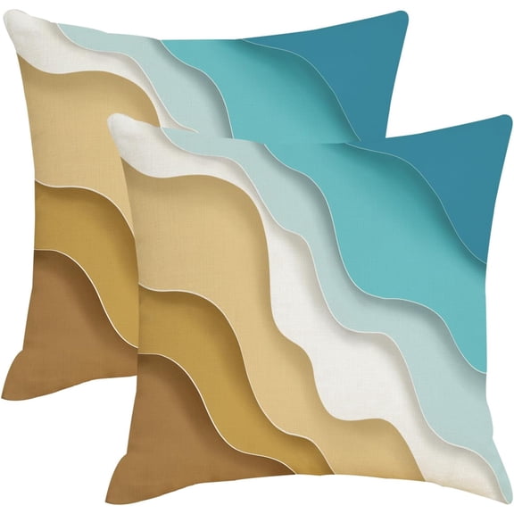 Spring Boho Throw Pillow Covers 18x18 Inch Set of 2 Blue and Teal Gray Summer Beach Decorative Pillows Cover Coastal Farmhouse Linen Outdoor Pillowcases for Home Couch Sofa Decorations