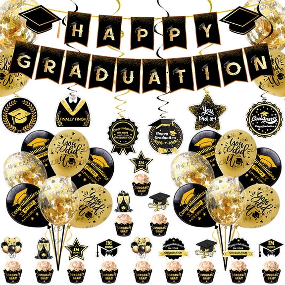 Graduation Decorations Class of 2026, Black and Gold Balloons with Swirl and Garland Congrats Grad 2026 Banner for College High School Graduation Party Supplies