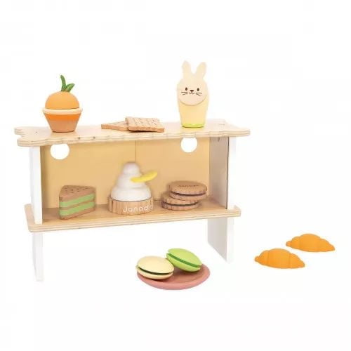Janod - Présentoir à Gâteaux - 12 Accessoires - Jouet en Bois FSC pour Jeu de Rôle - Amélioration de l'Imagination - À partir de 3 ans +