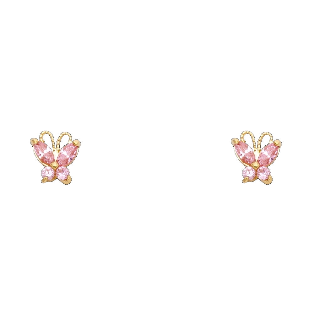 FB Jewels 14K Yellow Gold Butterfly Purple Cubic Zirconia CZ Womens Stud Earrings